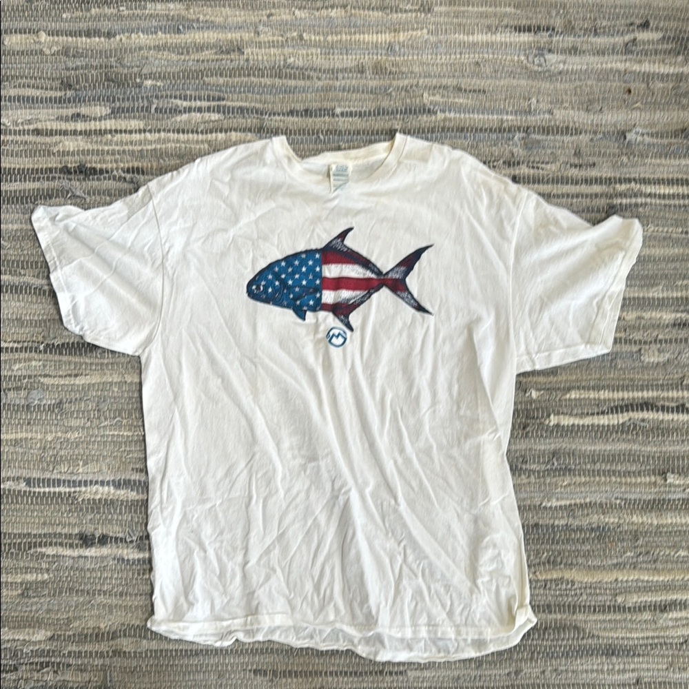 White T-Shirt with American Flag Fish Graphic
